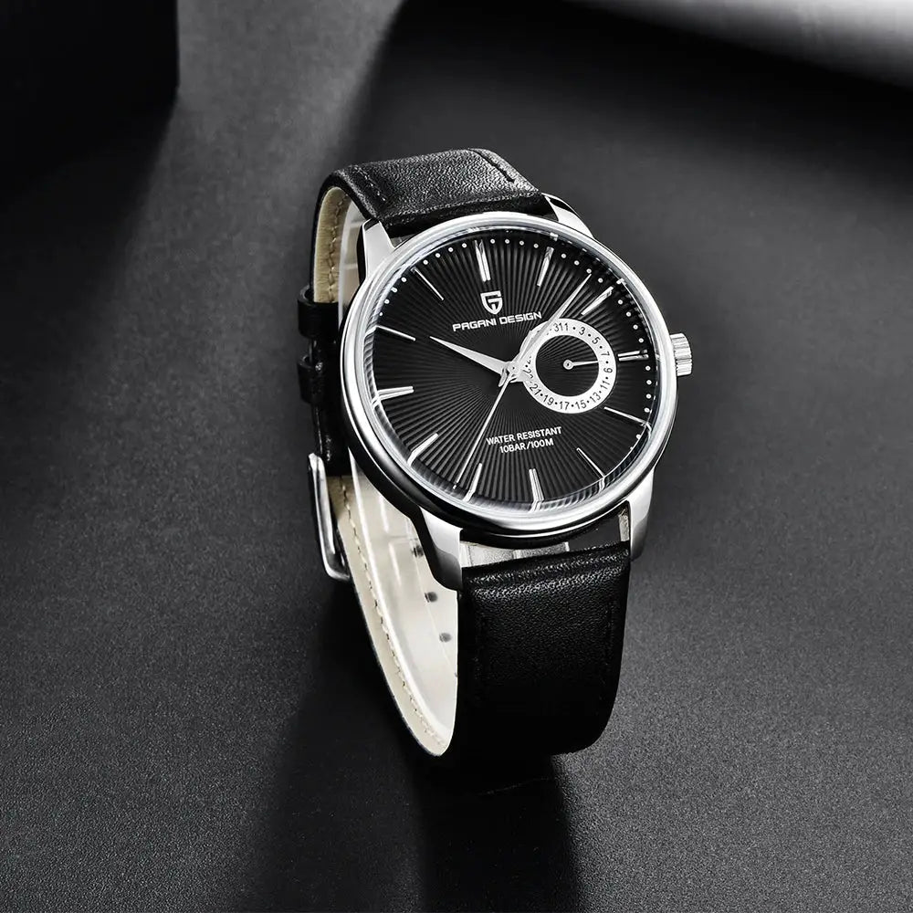 Pagani Design 1654 men's fashion casual sport watch, black dial, stainless steel case, leather strap, water resistant