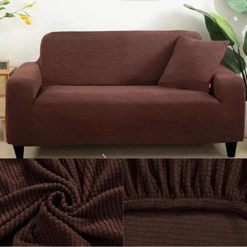 Brown thick jacquard sofa protector for L-shaped couch with a matching cushion; textured weave close-ups