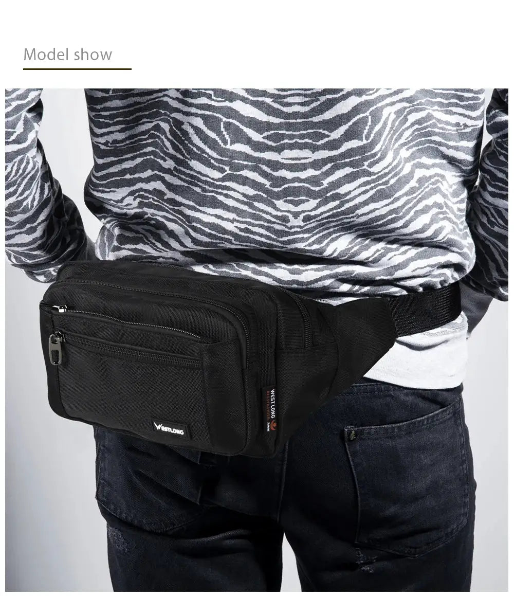 Westlong black waist pack with multiple zip pockets worn at the waist