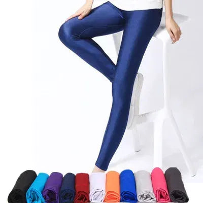 Women’s shiny pant leggings by Simples Market in electric blue with spandex elastic and an assorted color bundle.
