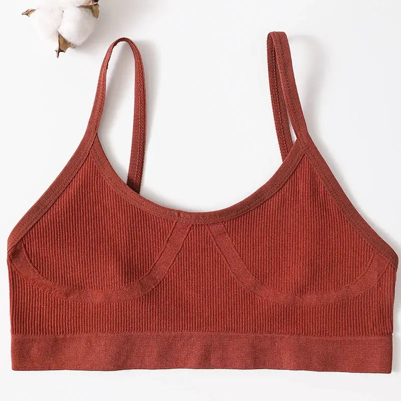 Seamless ribbed bralette for women, rust color, soft wireless fabric, no pads