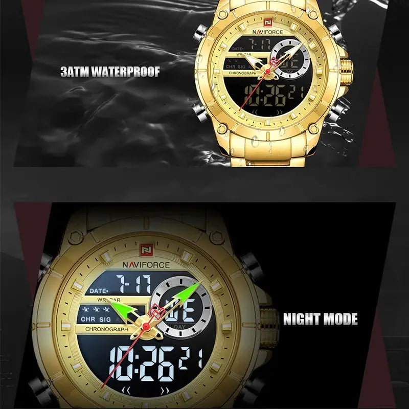 Naviforce 9163 Luxury Sport Mens Wristwatch With Dual Analog Digital Display Stainless Steel Water Resistant