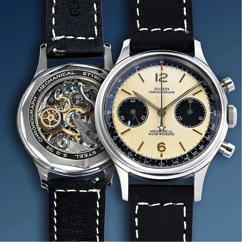 Sugess 1963 Pilot Panda chronograph watch, cream dial, black leather strap