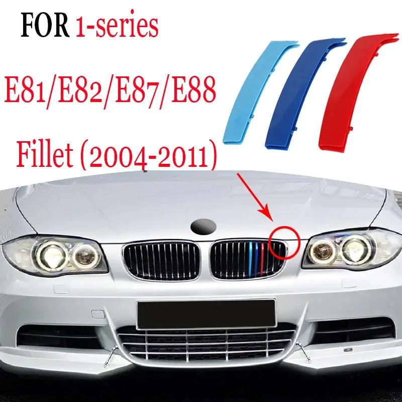 3-piece BMW front grille trim strips in blue and red for multiple models