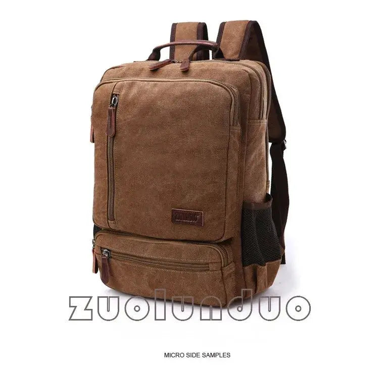 Vintage brown canvas backpack by Simples Market with large capacity, featuring front and bottom zip pockets