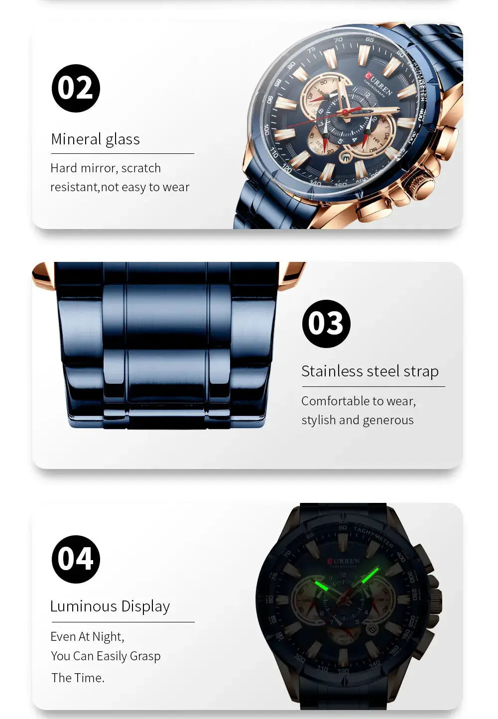 Curren men's stainless steel chronograph watch with blue band, gold-tone bezel, and luminous display