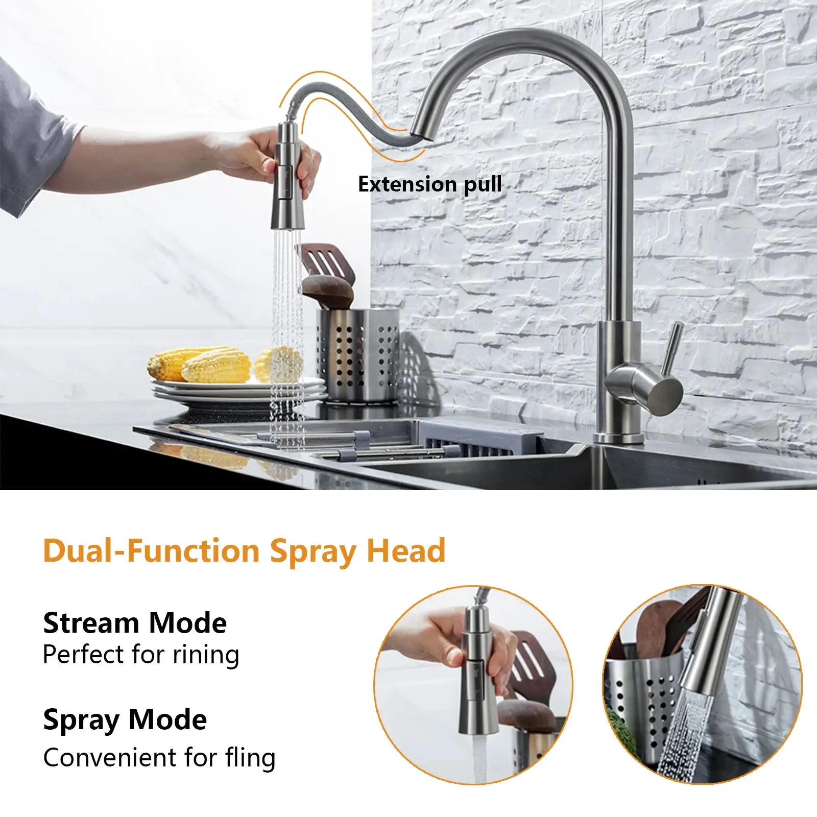 Simples Market DQOK kitchen faucet with pull-out spray, brushed nickel stainless steel finish