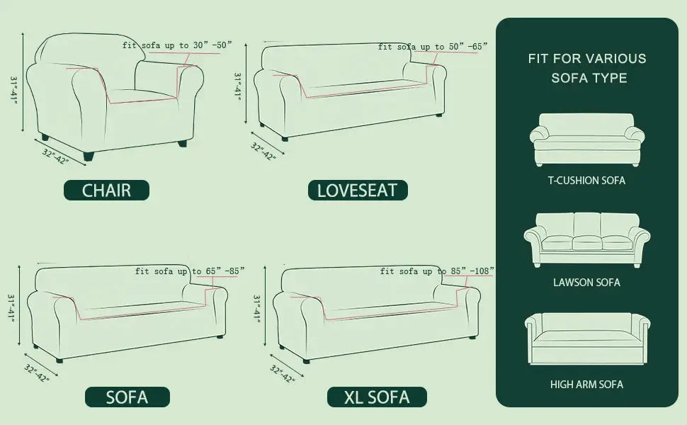 Thick Jacquard sofa protector by Simples Market infographic showing four sizes: chair, loveseat, sofa, XL sofa