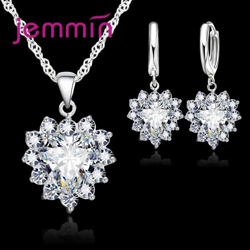 Yaameli 925 Silver Heart Pendant Necklace And Hoop Earrings Jewelry Set For Women Engagement Anniversary Gift