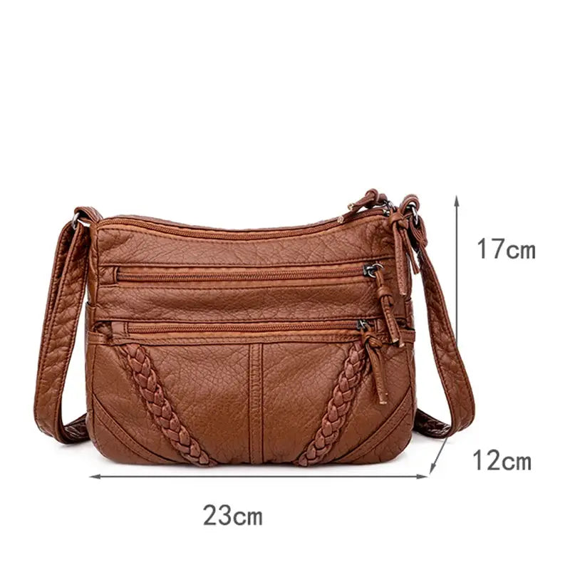 Brown PU leather women messenger bag with braided front straps and multiple zip pockets, crossbody 23×12×17 cm