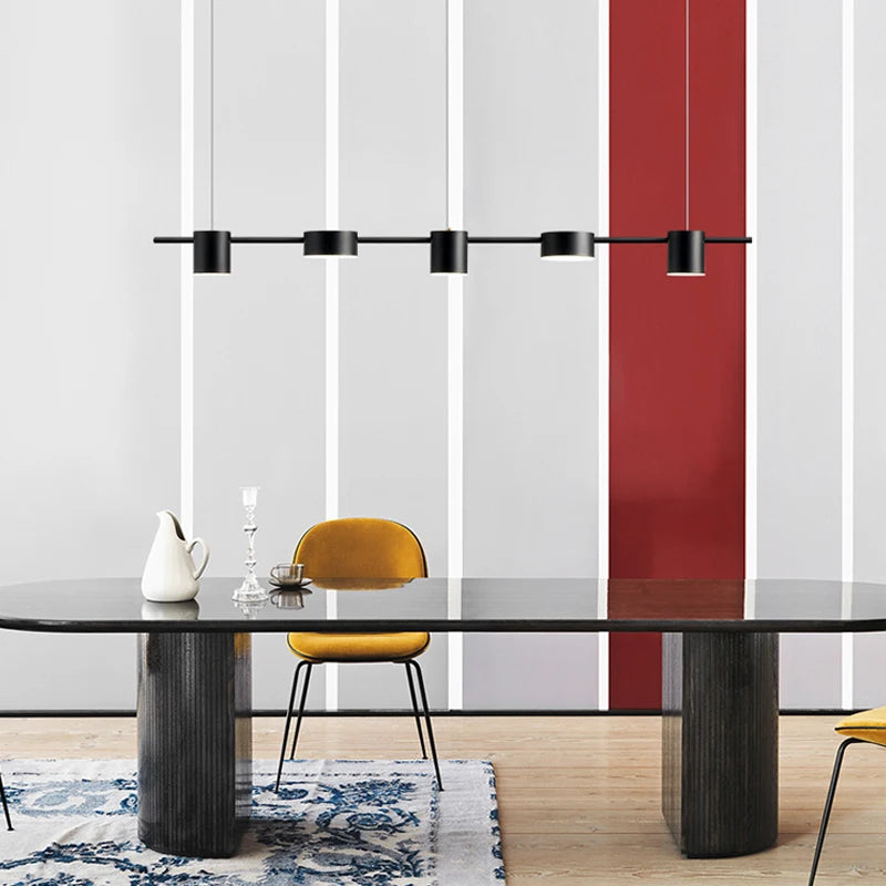 Simples Market modern LED linear dining room chandelier with a black metal bar and five cylindrical lights