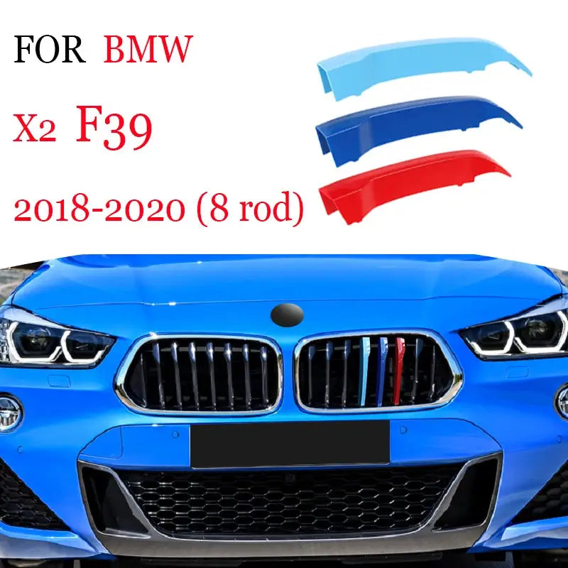 Three-piece BMW front grille trim strips by Simples Market; blue, navy and red.