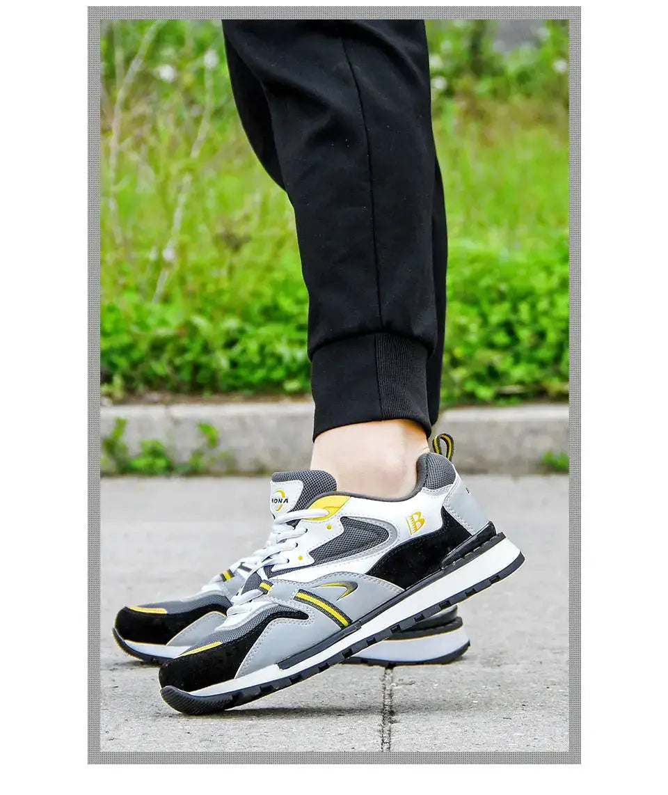 BONA New Designers Action Leather sport sneakers for men in white/gray/black with yellow accents