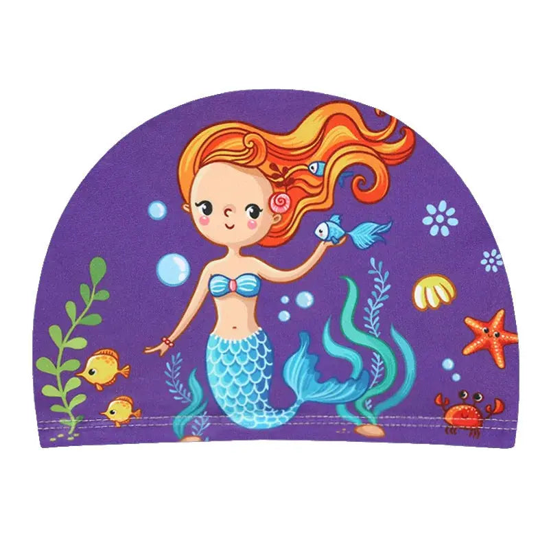 Kids Cartoon Swim Cap Elastic Fabric Pool Water Sports Ears Protection Hat Bathing Cap Boys Girls