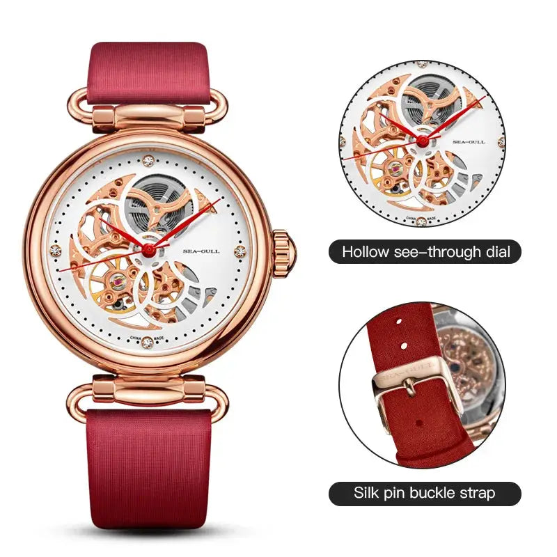 Seagull women's skeleton watch with rose gold-tone case and red leather strap
