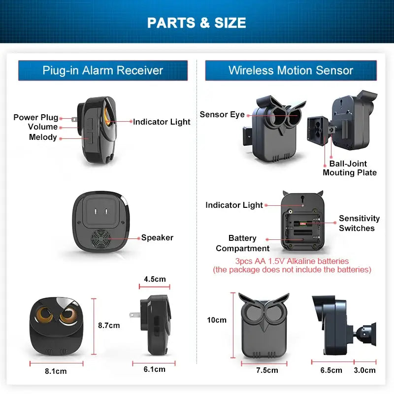 HTZSAFE wireless driveway alarm system diagram showing two devices: plug-in receiver and motion sensor with dimensions