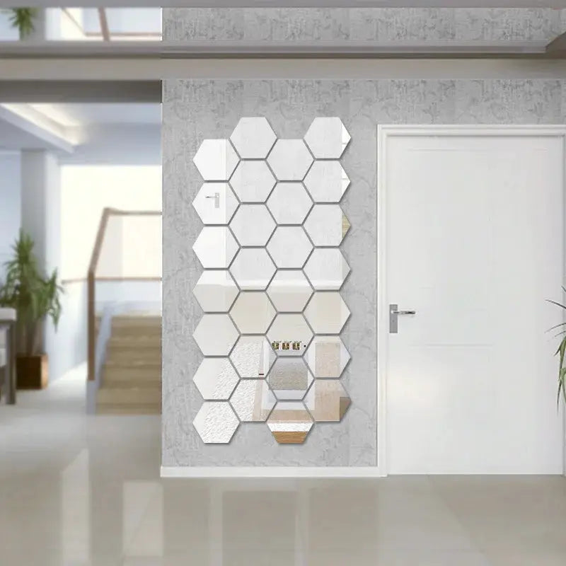 Simples Market hexagon mirror wall sticker set, 6/12 pcs, 126mm each, self-adhesive decor
