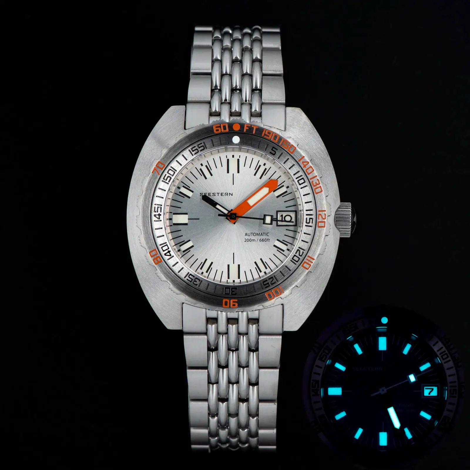 Seestern men's diver watch, stainless steel bracelet, silver dial with orange accents, date window, 200m