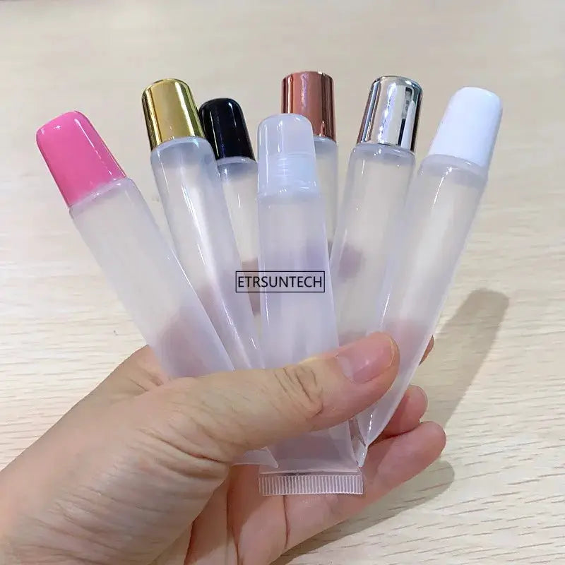 Clear lip gloss containers set with 6 assorted caps; empty 10–20ml lipstick tubes, ETRSUNTECH watermark