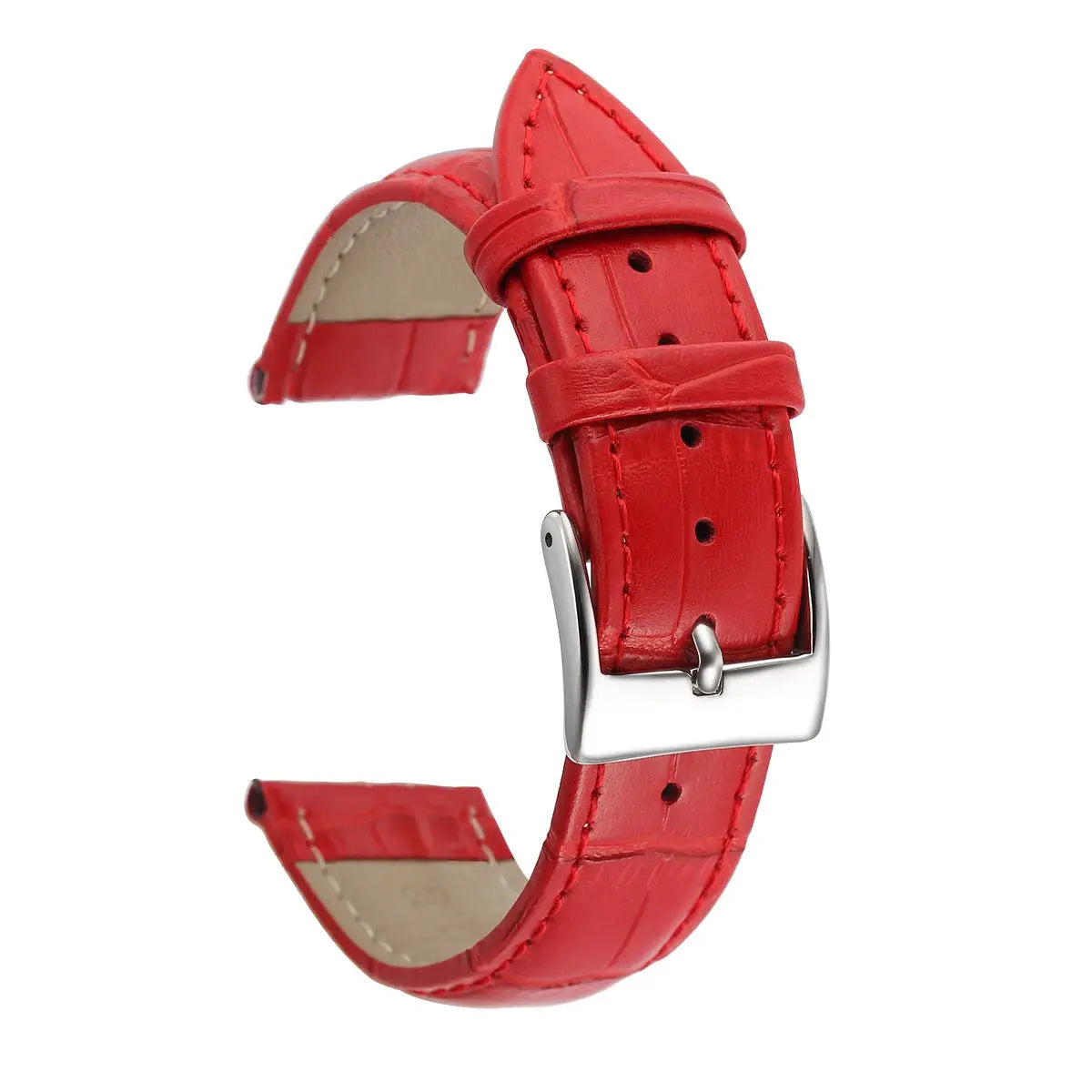 Red genuine leather watch band with silver buckle; fits 12-24 mm watches.