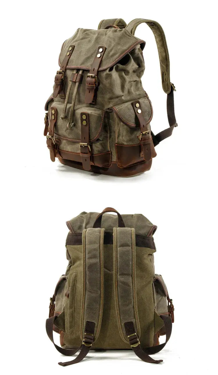 Vintage waxed canvas backpack with brown leather straps and multiple pockets, Simples Market travel rucksack.