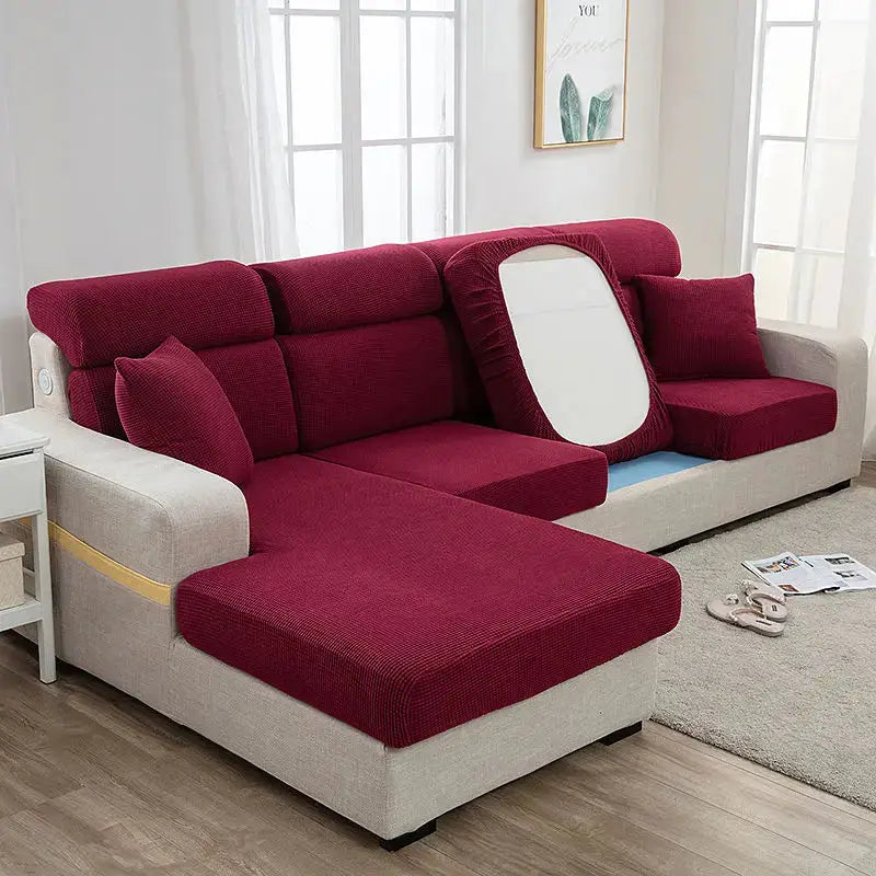 Sofa seat cover set in burgundy elastic fabric for sectional sofa by Simples Market
