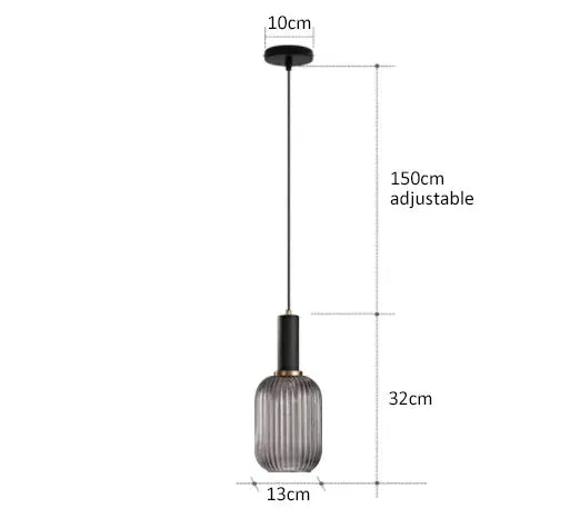 Retro glass pendant lamp, ribbed smoky gray shade, black canopy, LED E27, 150 cm adjustable cord