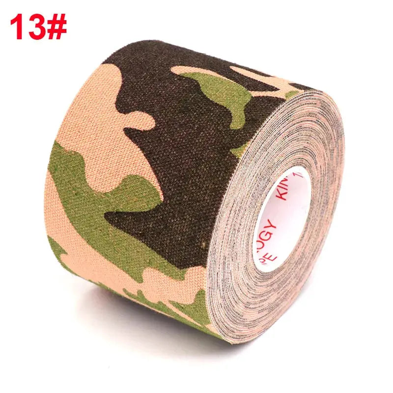 Camouflage kinesiology tape roll for athletic recovery, 2.5 cm/5 cm wide, 5 m length.