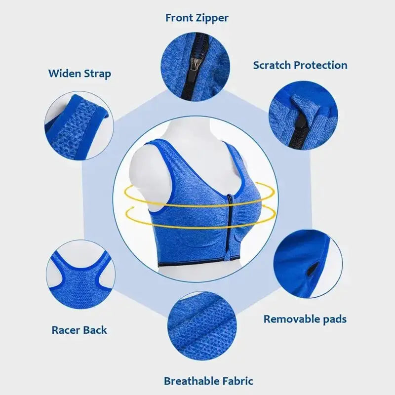 Women's blue front-zip sports bra by Simples Market with racerback, breathable fabric, removable pads