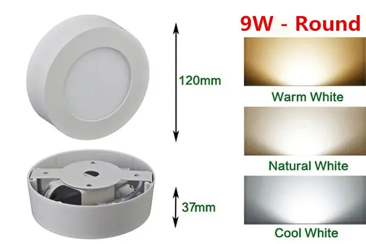LED Panel Light 9W Round Downlight, Simples Market, white housing, 120mm dia, 37mm depth, 3 color temps