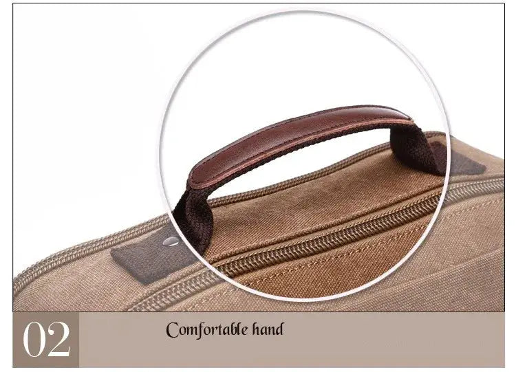 Vintage canvas backpack by Simples Market with brown leather handle and large-capacity laptop/notebook storage