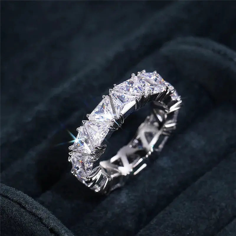 Huitan luxury triangle-design cubic zirconia promise ring for women, silver-tone brass band.