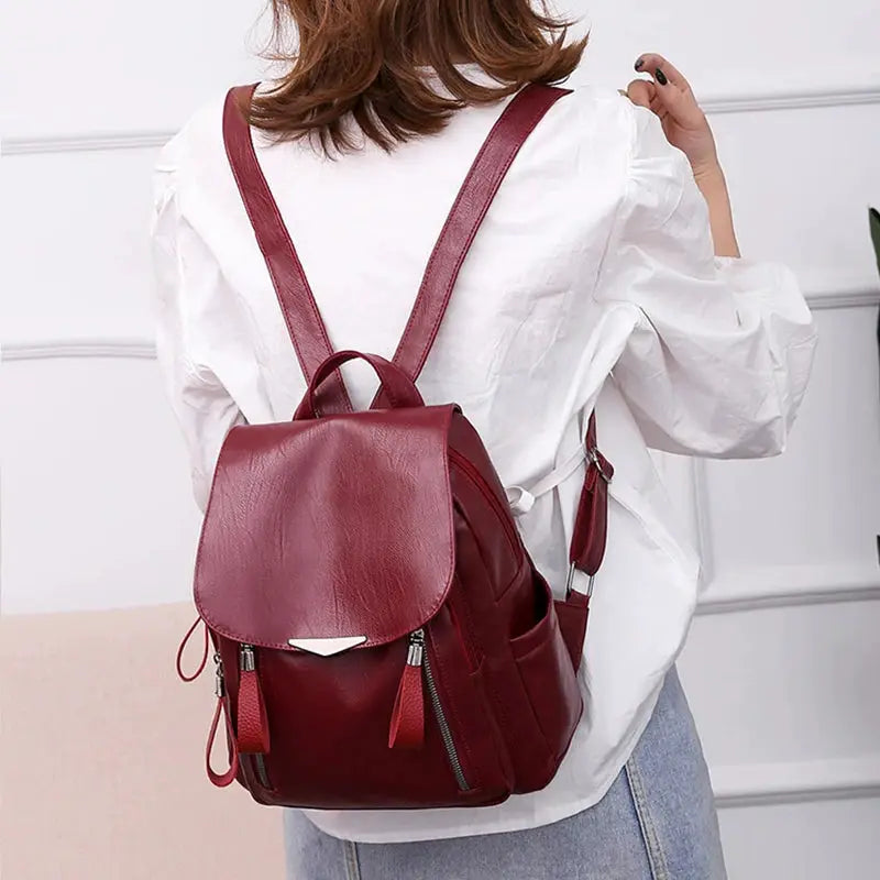 Yogodlns luxury PU leather backpack for women, burgundy red, large-capacity with double zippers