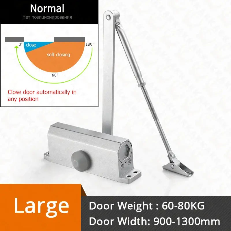 Simples Market KAK hydraulic door closer with adjustable speed, silver metal body and long arm for 60–80 kg doors
