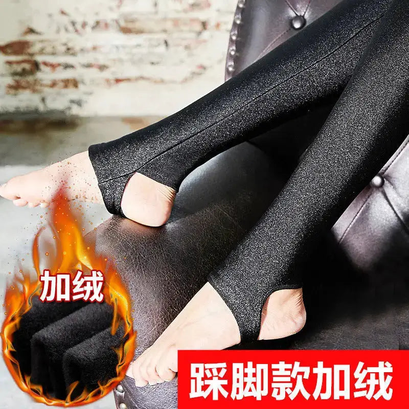 Autumn Winter Thick Leggings by Simples Market, black shiny fleece-lined high-waist leggings