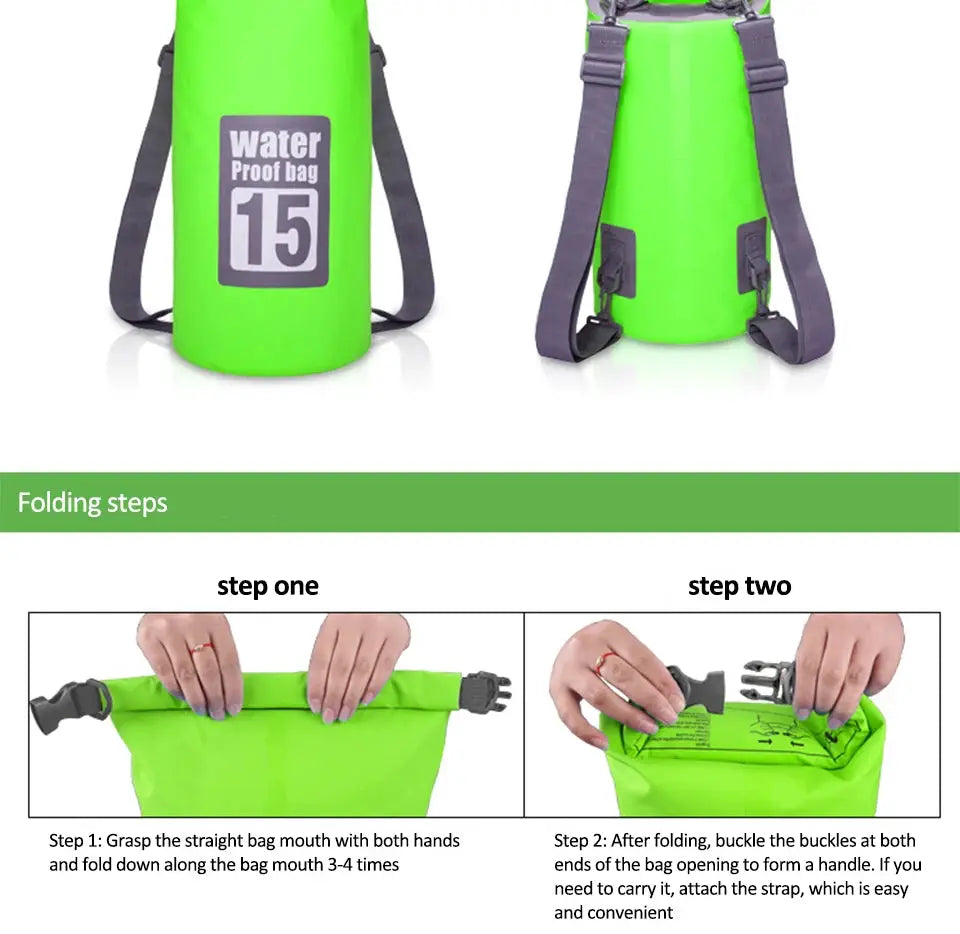 PVC waterproof dry bag with double shoulder straps; neon green with purple straps