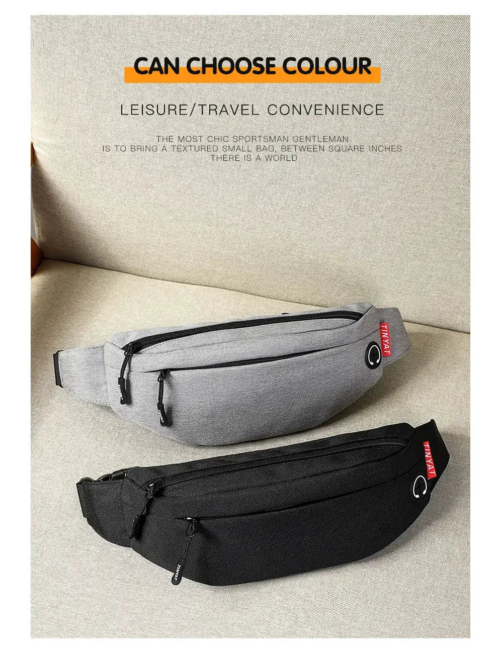 Two TINYAT waist bags in grey and black with multiple zip pockets