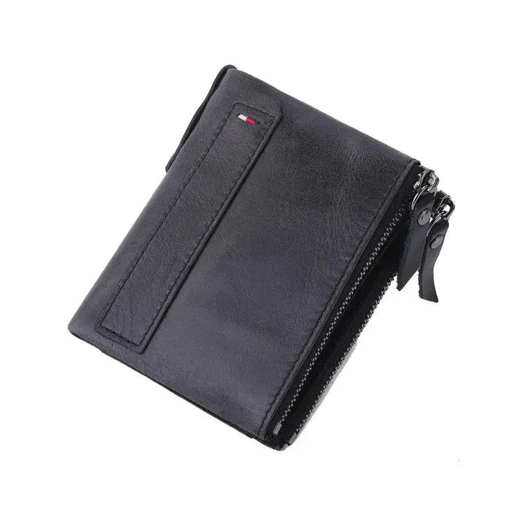 Men's compact card holder by Simples Market, black genuine cow leather with zip pocket