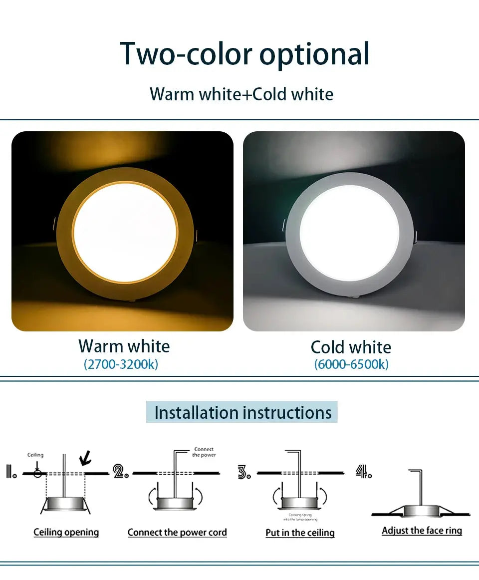 LED round recessed panel light with warm white and cold white two-color option, two units shown