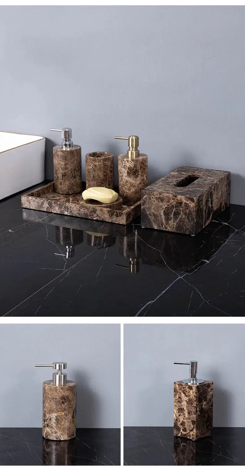 Emperador Dark brown marble bathroom set by Simples Market with toothbrush holder, soap dispenser, soap dish and tray