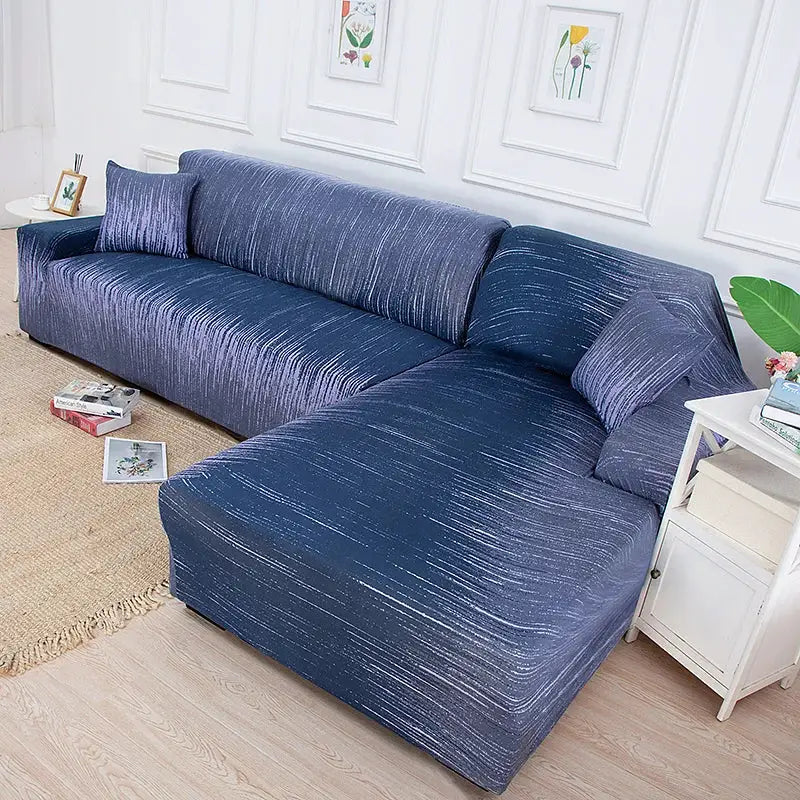 Sofa slipcover for L-shaped corner couch in blue printed stretch fabric