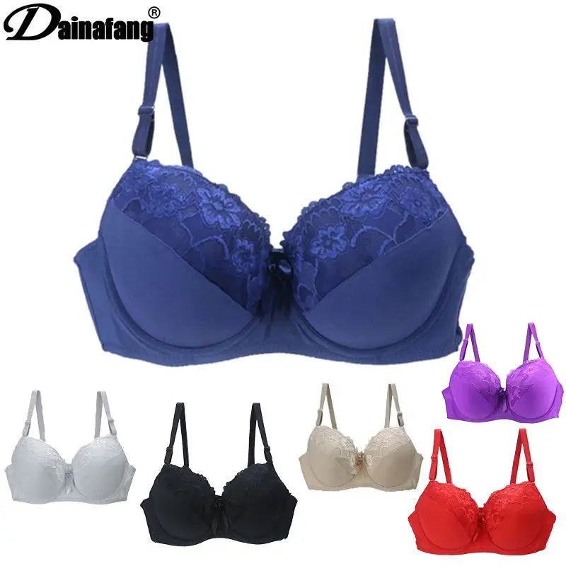 Dainafang lace push-up bra in royal blue with floral lace; underwire lingerie, part of a seven-color set.