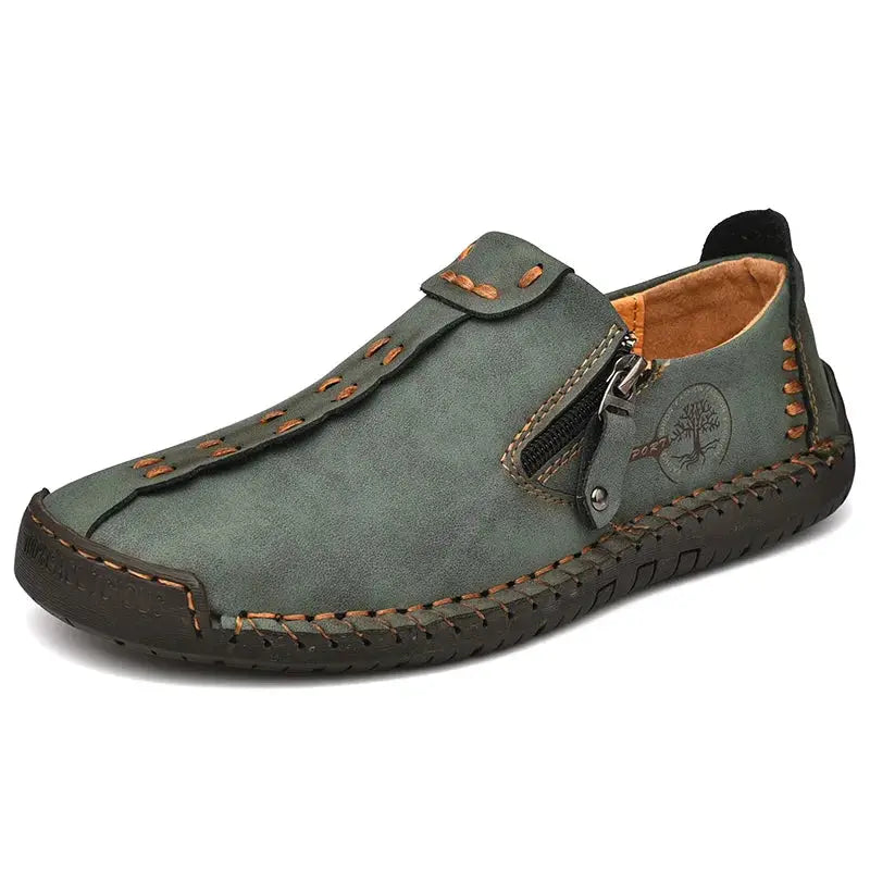 Leather men’s casual slip-on loafers from Simples Market in olive green leather with brown stitching and side zipper