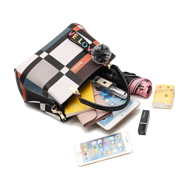 Designer handbag by Simples Market, PU leather with multicolor plaid pattern and top-handle tote