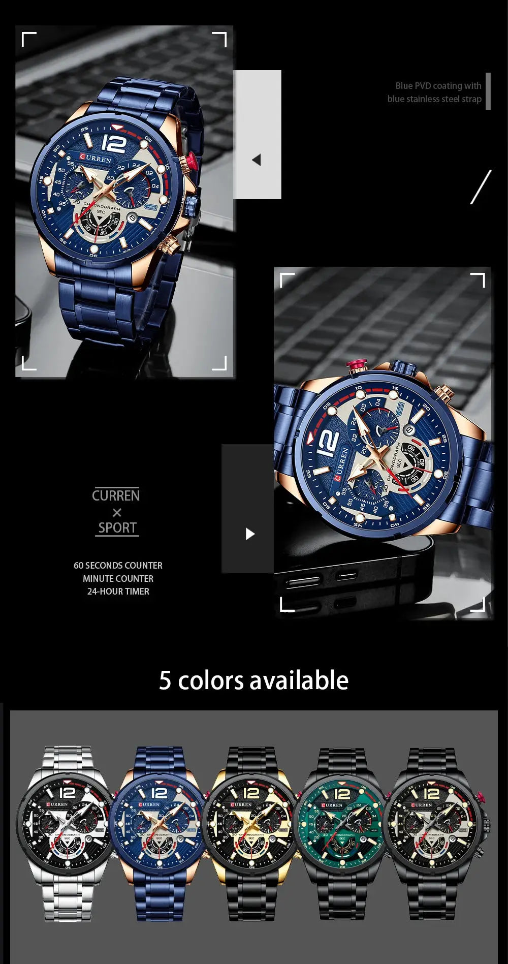 CURREN men's blue chronograph watch with blue stainless-steel band and rose-gold case; waterproof (2 shown)
