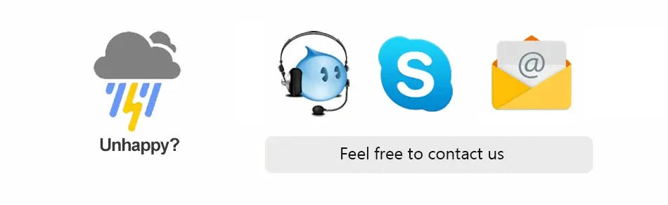 Customer support banner showing weather icon, headset, Skype and email icons with a feel free to contact us message