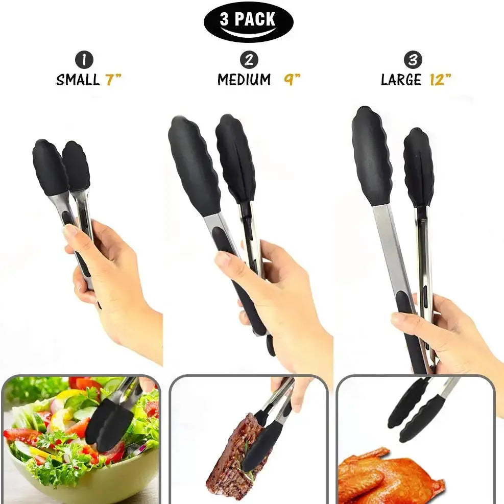 7 9 12 Inch Silicone Tipped Stainless Steel Locking BBQ Tongs Non Slip Food Tongs For Cooking