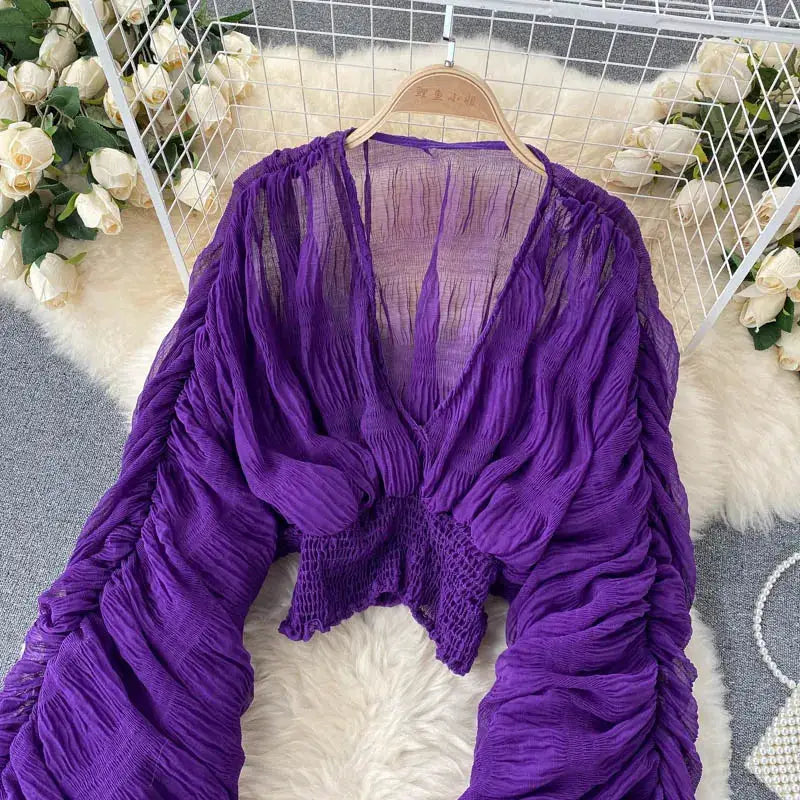 Simples Market purple draped chiffon blouse for women with V-neck, puff long sleeves, smocked hem