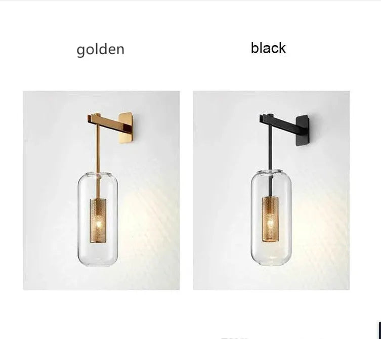 Simples Market modern glass wall light sconce with cylindrical shade and LED, two finishes: golden and black