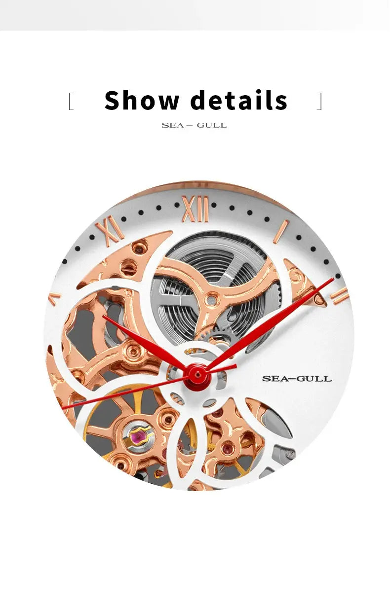 Sea-Gull skeleton ladies' watch with rose-gold gears and red hands